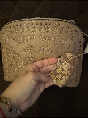 Hand-Tooled Floral Crossbody Bag - Taupe